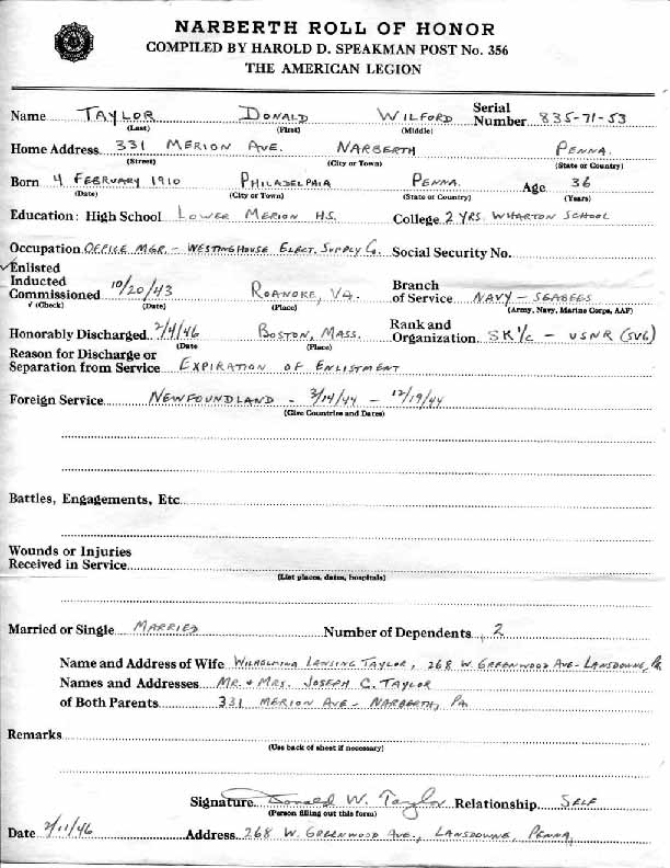 Roll of honor form for Donald Taylor