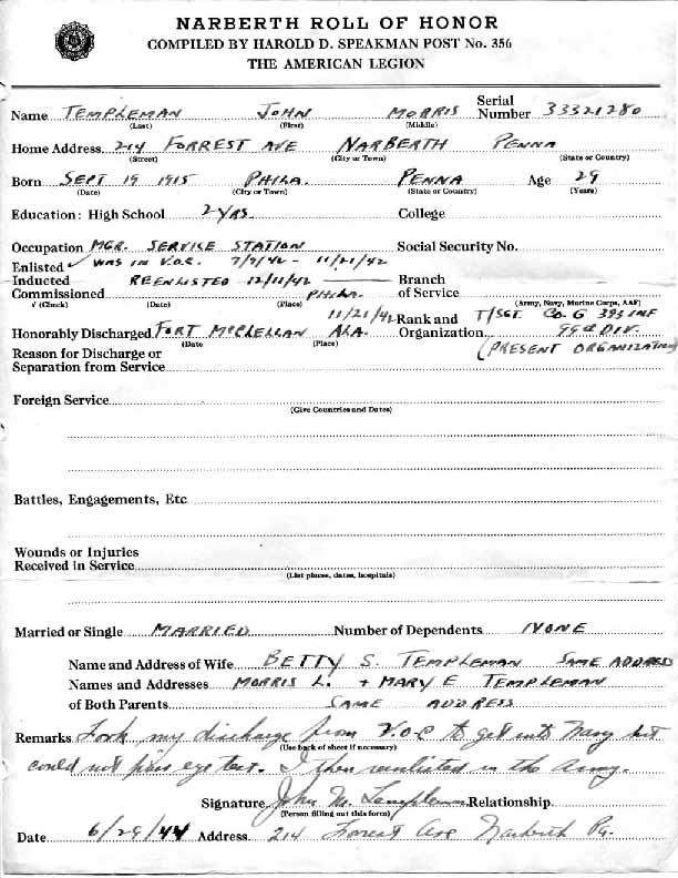 Roll of honor form for John Templeman