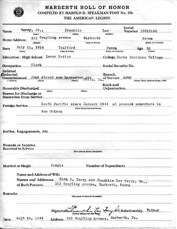Roll of honor form for Franklin Terry