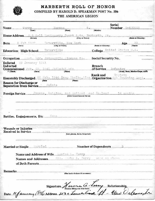 Roll of honor form for Horace Terry