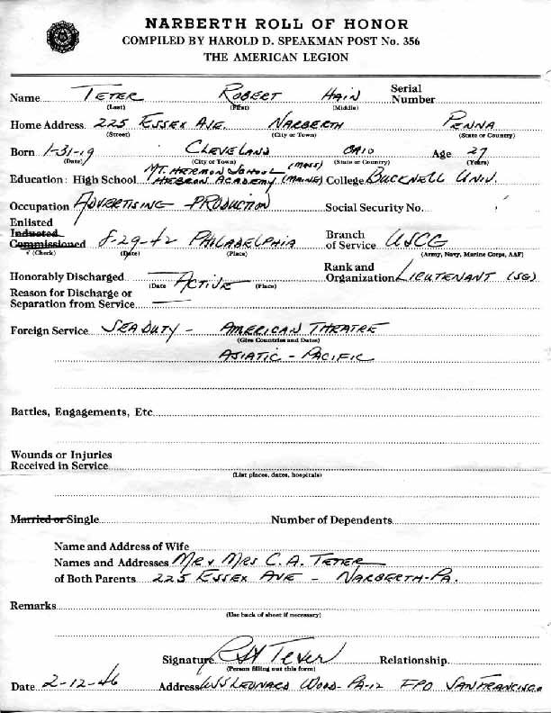 Roll of honor form for Robert Teter