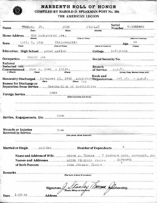 Roll of honor form for John Thomas