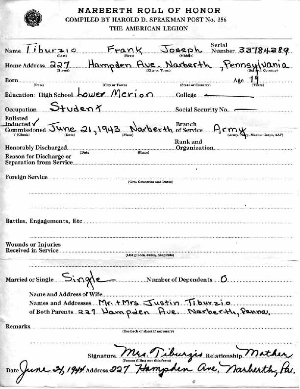 Roll of honor form for Frank Tiburzio