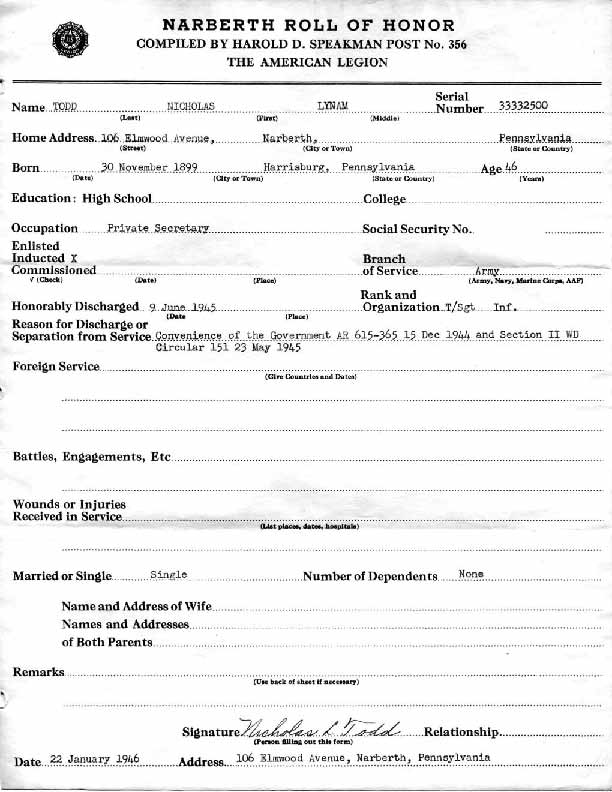 Roll of honor form for Nicholas Todd
