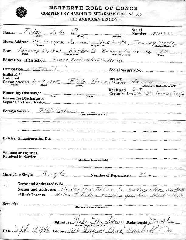 Roll of honor form for John Tolan
