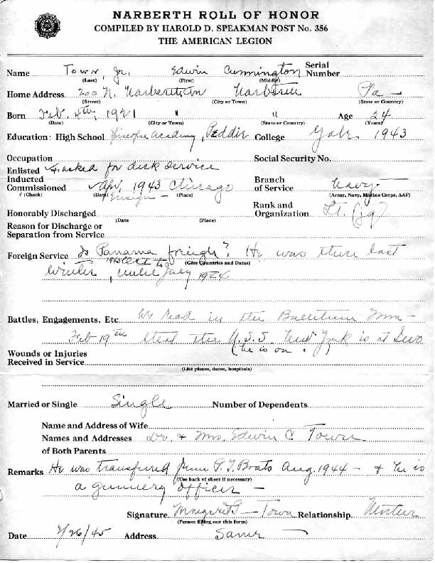 Roll of honor form for Edwin Town