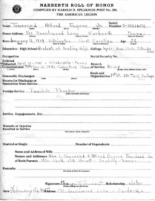 Roll of honor form for Alfred Townsend