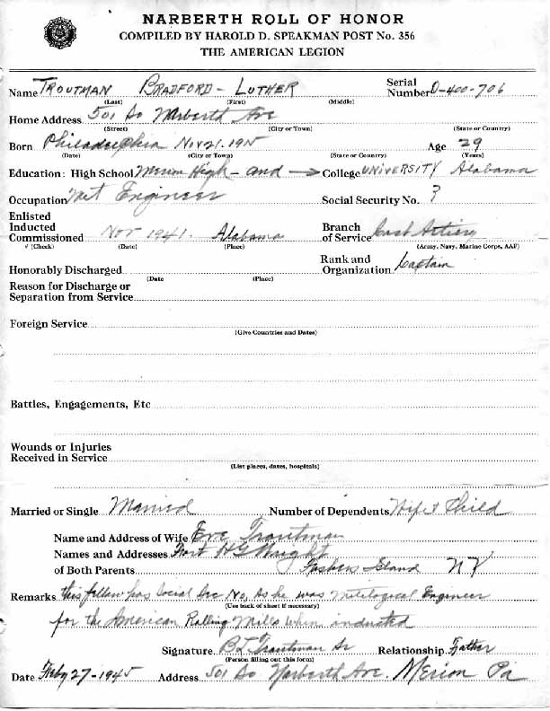 Roll of honor form for Bradford Troutman