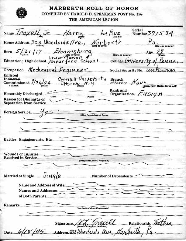 Roll of honor form for Harry Troxell