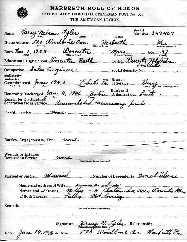 Roll of honor form for Harry Tyler