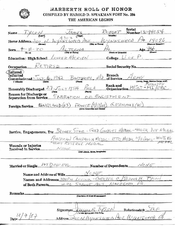 Roll of honor form for James Tyson