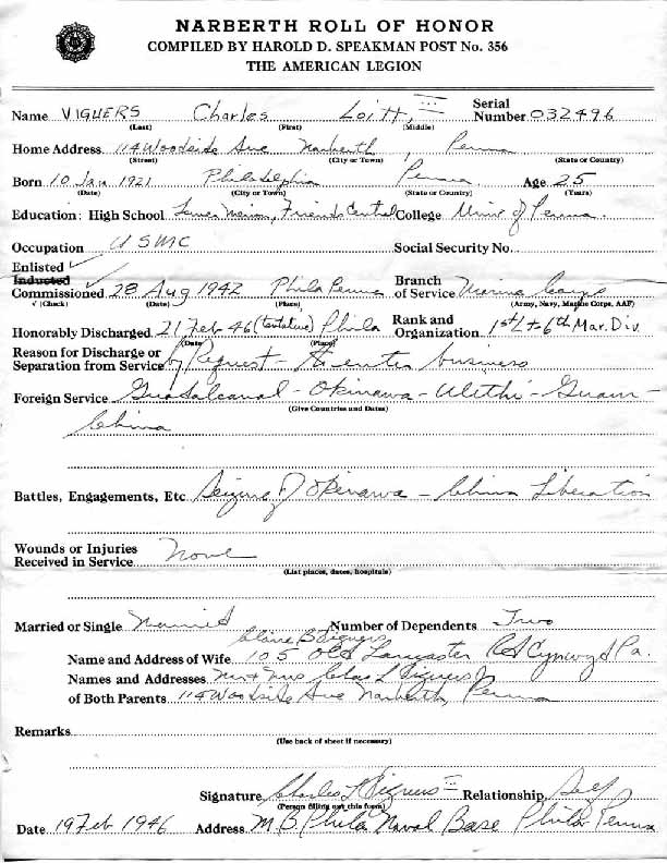 Roll of honor form for Charles Viguers