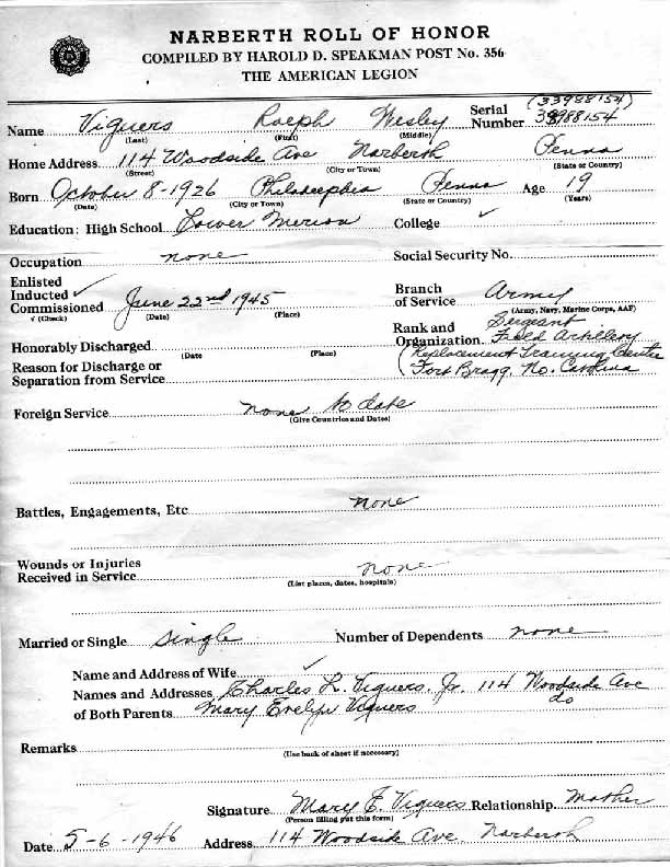 Roll of honor form for Ralph Viguers