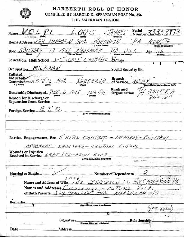 Roll of honor form for Louis Volpi, front