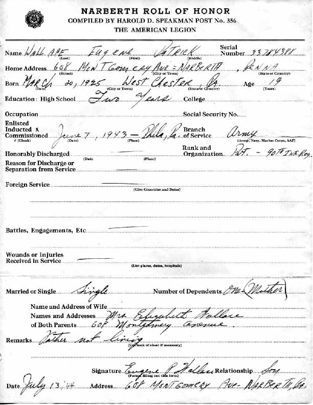 Roll of honor form for Eugene Wallace