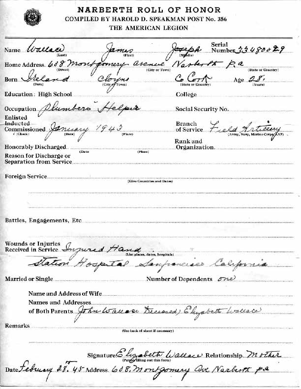 Roll of honor form for James Wallace