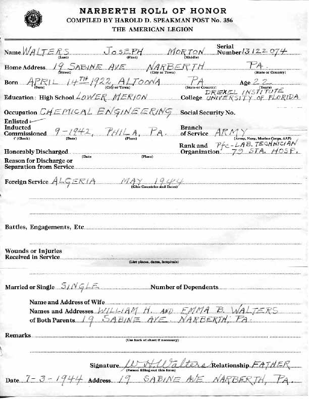 Roll of honor form for Joseph Walters