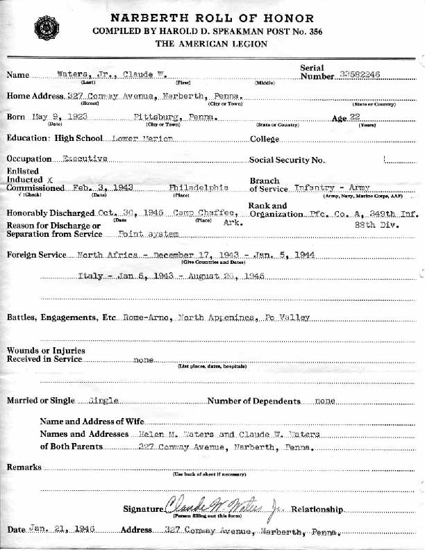 Roll of honor form for Claude Waters