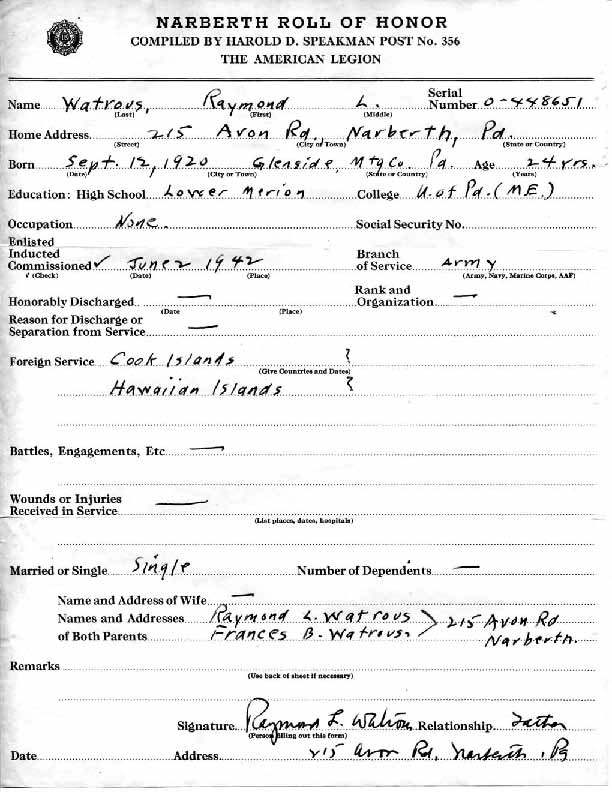 Roll of honor form for Raymond Watrous