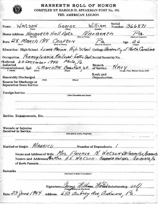 Roll of honor form for George Watson