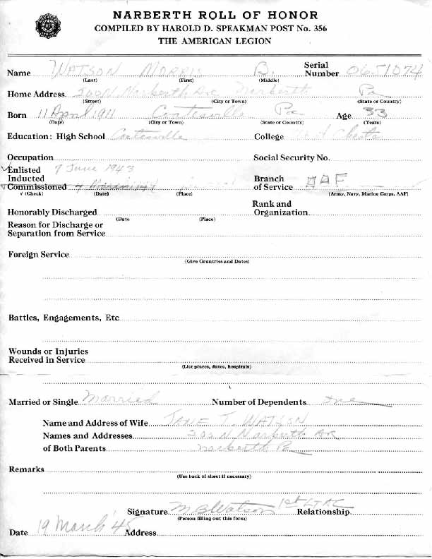 Roll of honor form for Morris Watson