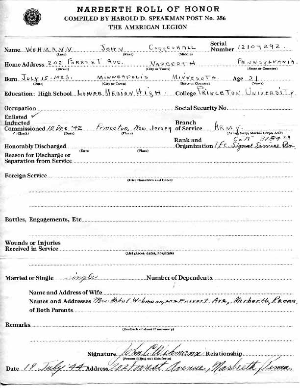 Roll of honor form for John Wehmann