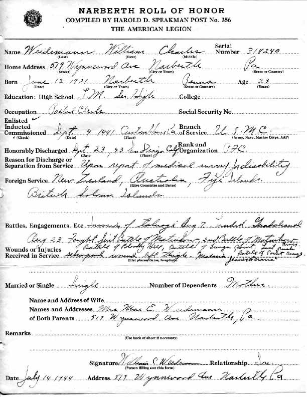 Roll of honor form for William Weidemann