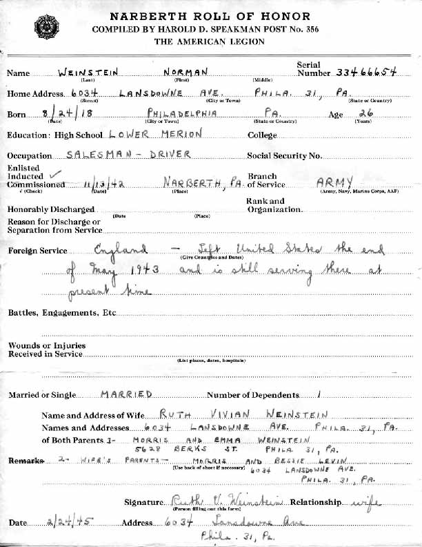 Roll of honor form for Norman Weinstein