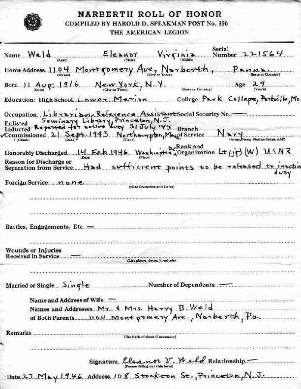 Roll of honor form for Eleanor Weld