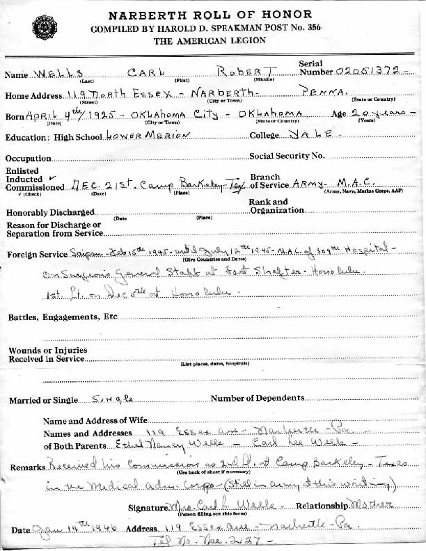 Roll of honor form for Carl Wells
