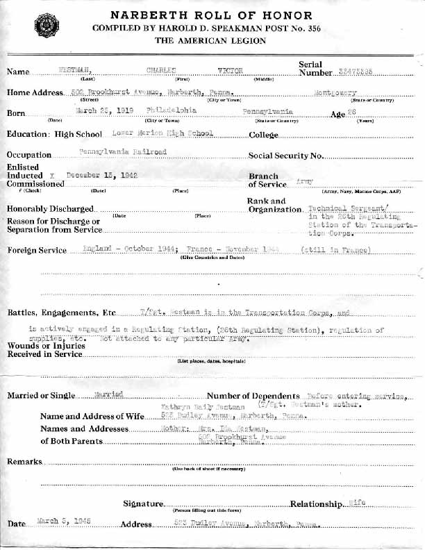 Roll of honor form for Charles Westman