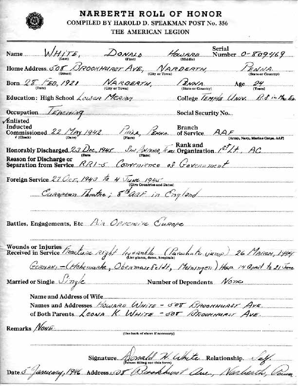 Roll of honor form for Donald White