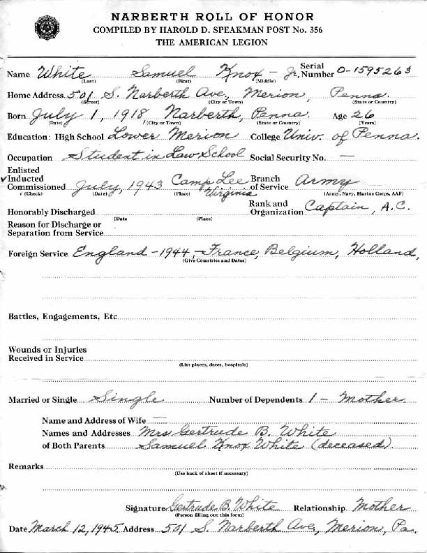 Roll of honor form for Samuel White