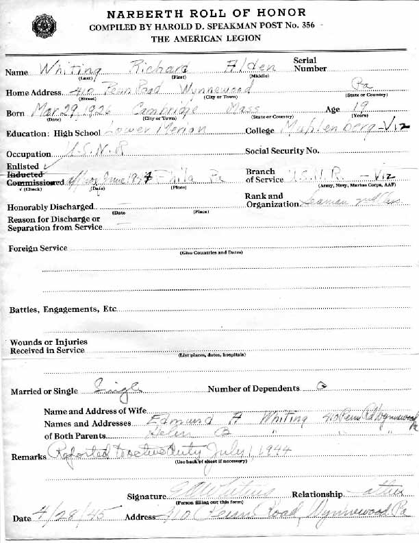 Roll of honor form for Richard Whiting
