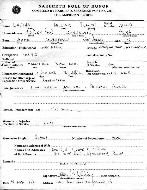 Roll of honor form for William Whiting