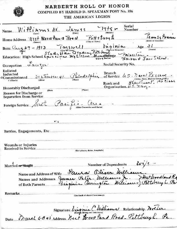 Roll of honor form for James Williams