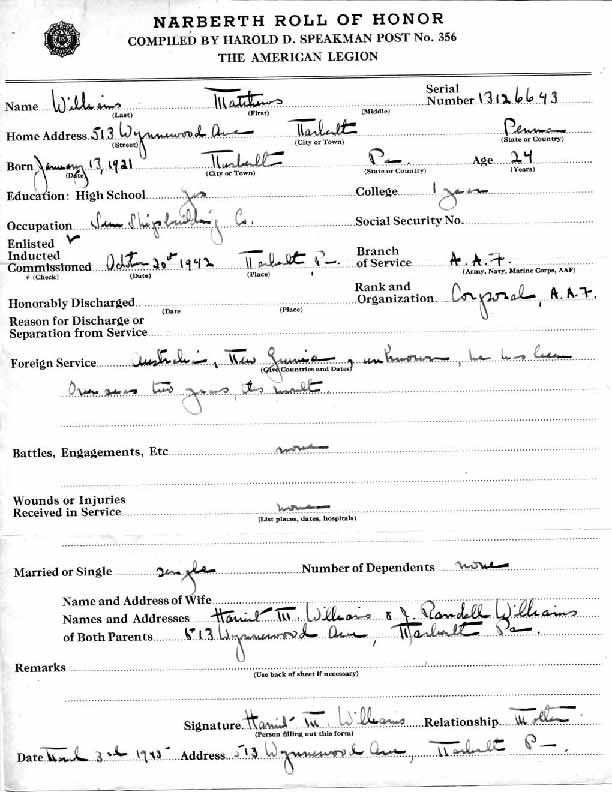 Roll of honor form for Matthews Williams