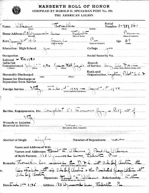 Roll of honor form for Thorndike Williams