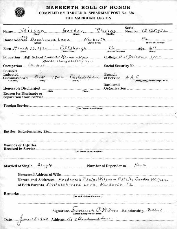 Roll of honor form for Gordon Wilson