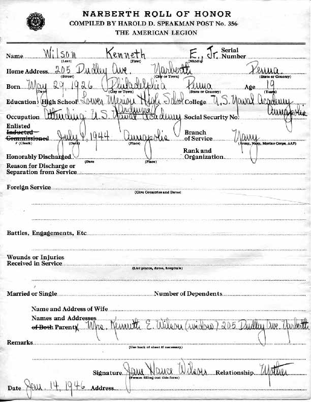 Roll of honor form for Kenneth Wilson