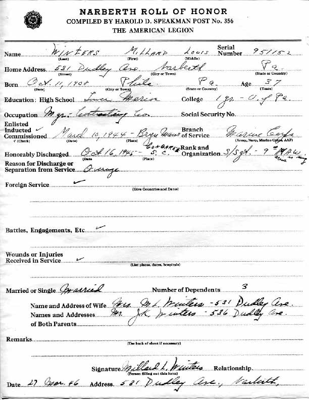 Roll of honor form for Millard Winters