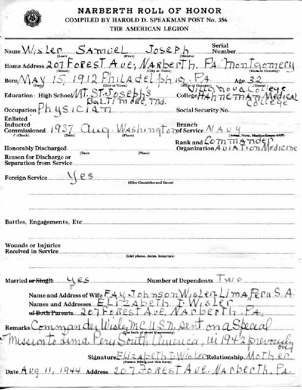 Roll of honor form for Samuel Wisler, front