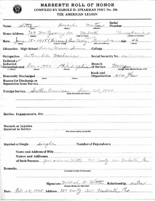 Roll of honor form for Howard Witte