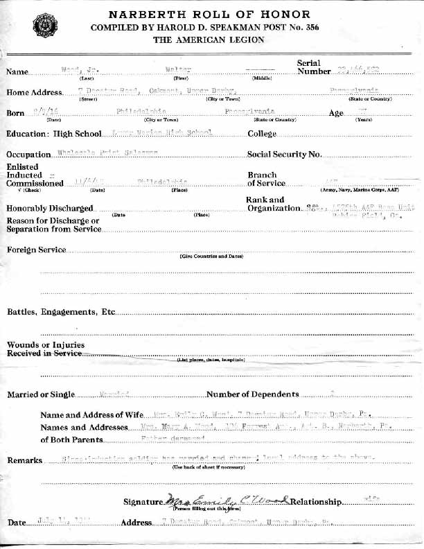 Roll of honor form for Walter Wood