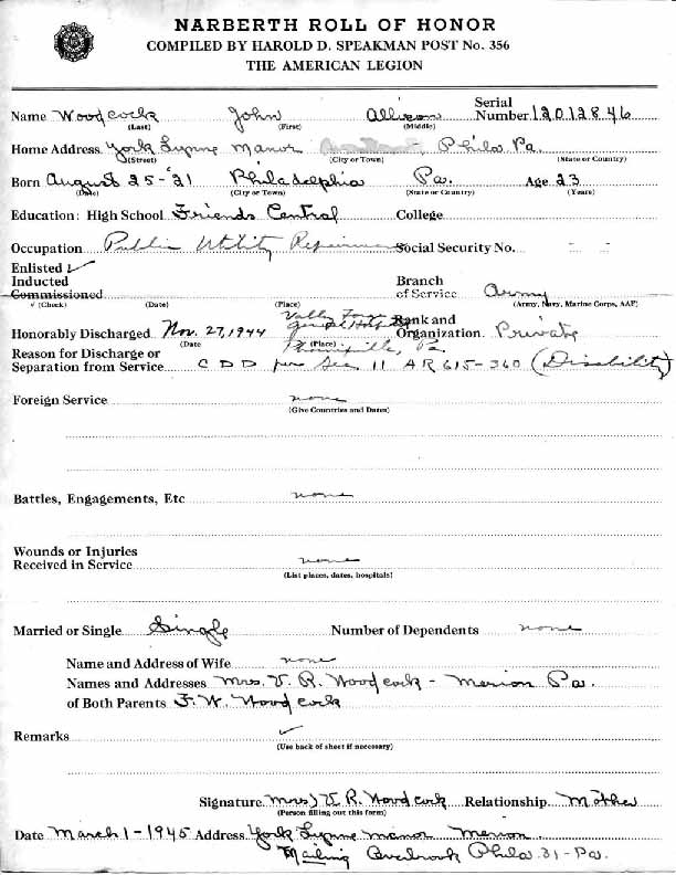 Roll of honor form for John Woodcock