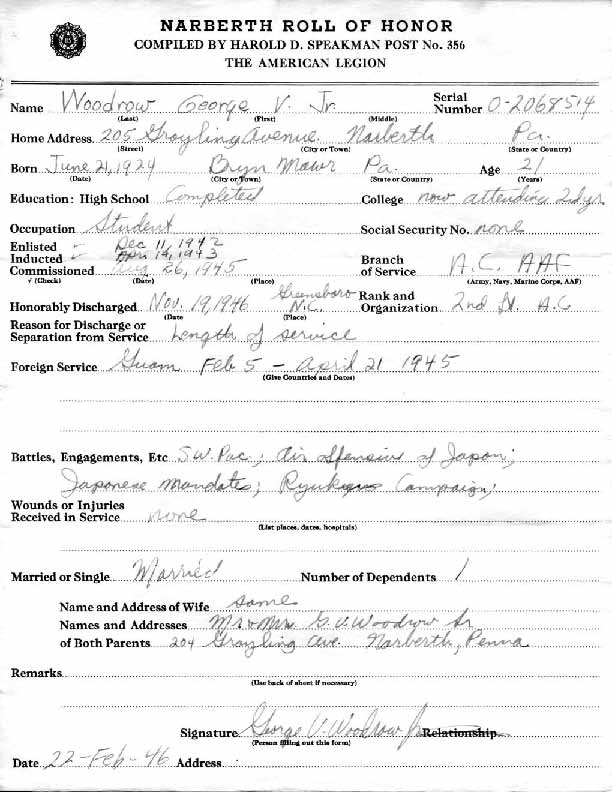 Roll of honor form for George Woodrow