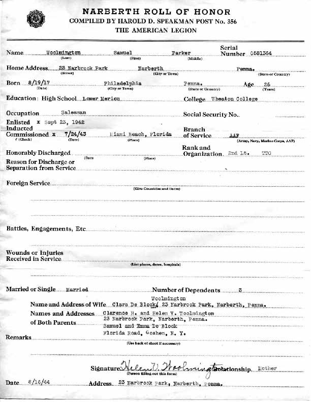 Roll of honor form for Samuel Woolmington
