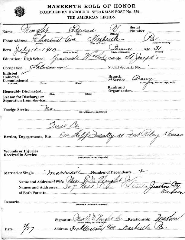 Roll of honor form for Edward Wright