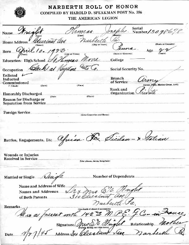 Roll of honor form for Thomas Wright