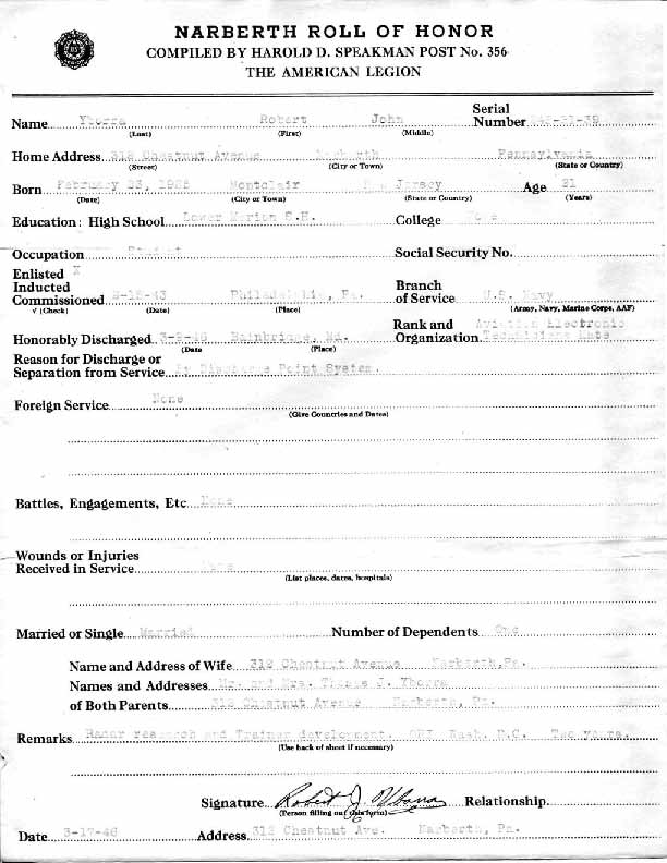 Roll of honor form for Robert Yborra
